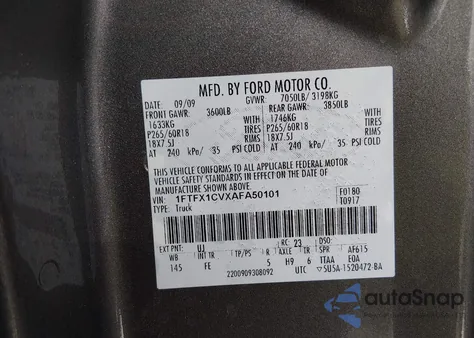 2010 Ford F-150 Fx2 Sport/Lariat/Xl/Xlt z USA, uszkodzony, nr VIN 1FTFX1CVXAFA50101